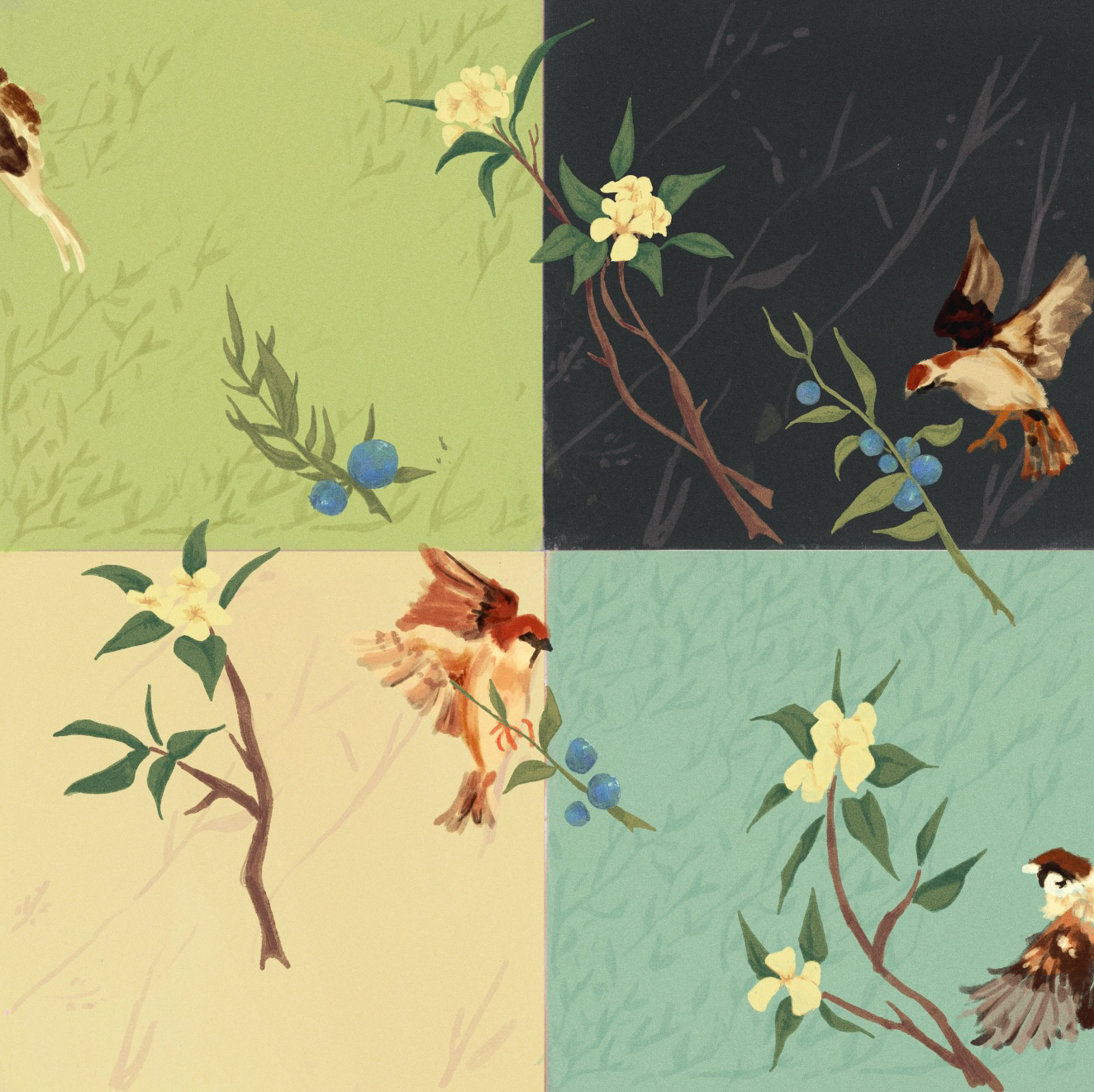 The bird wallpaper at the heart of the film, drawn by Denisse Mari Aguilar
